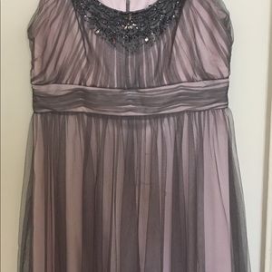 Knee length pink dress with grey overly tulle